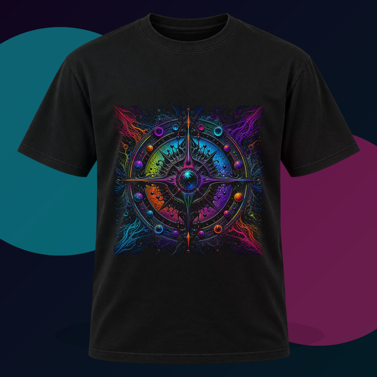 Ferrofluid Dream Compass original KOSVYRE design on a black graphic tee with cyan and violet studio lighting