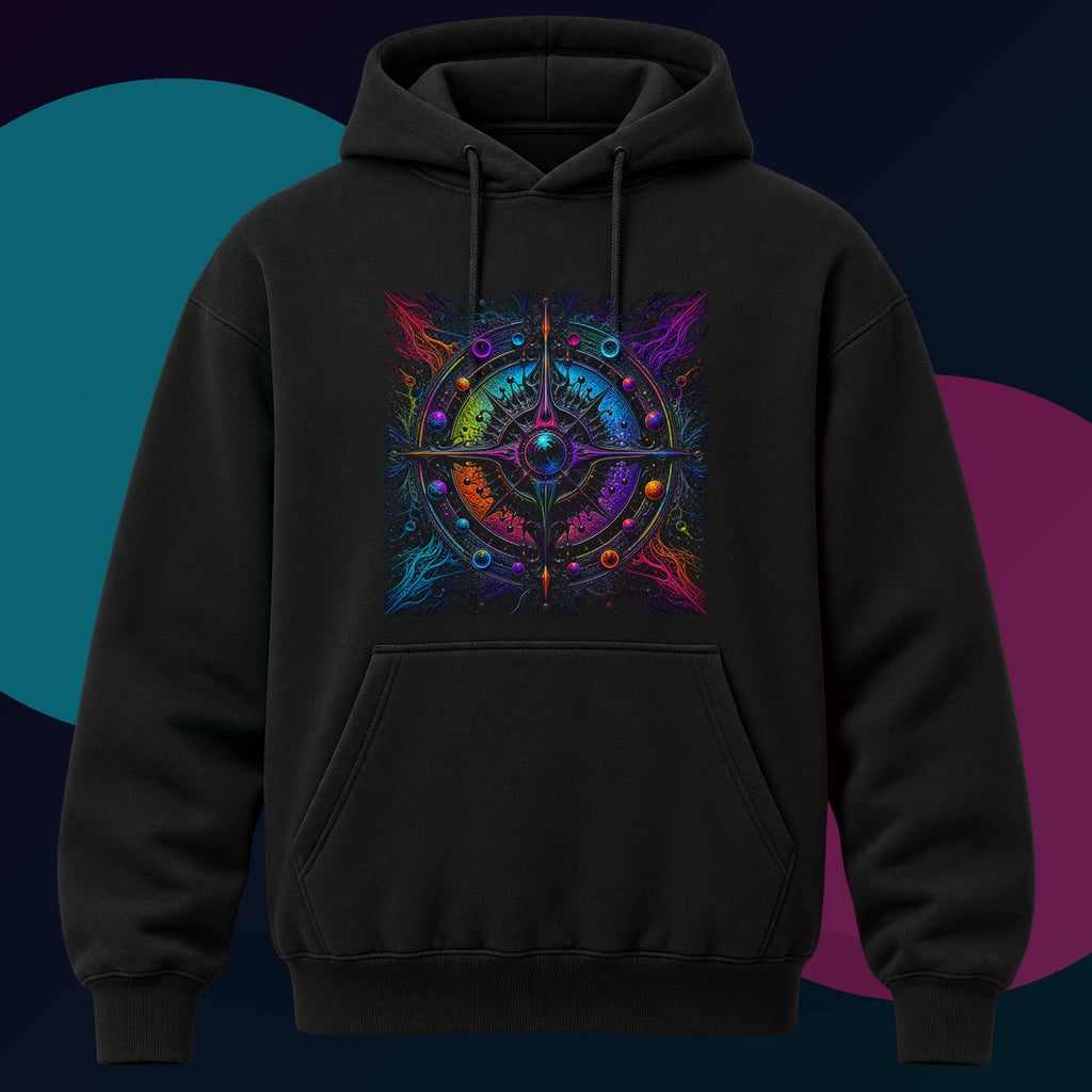 Ferrofluid Dream Compass original KOSVYRE design on a black hoodie with cyan and violet studio lighting