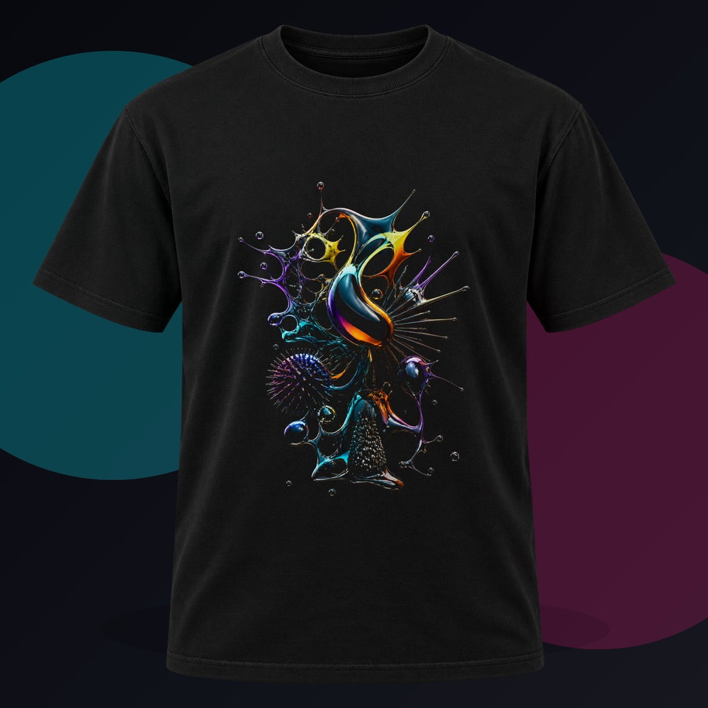 Ferrofluid Menagerie original KOSVYRE design on a black graphic tee against a graphite studio background