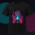 Flux Reliquary original KOSVYRE design on a black graphic tee against a graphite studio background