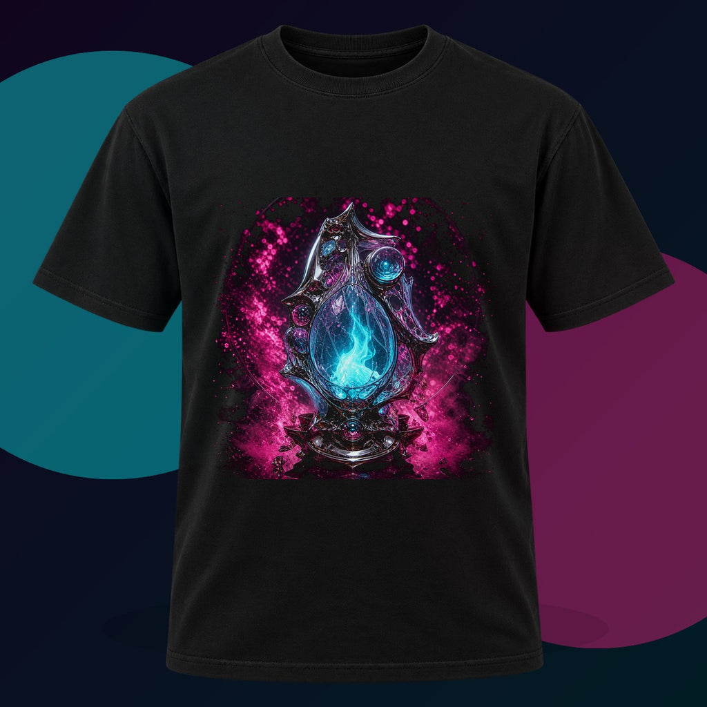Flux Reliquary original KOSVYRE design on a black graphic tee with cyan and violet studio lighting