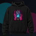 Flux Reliquary original KOSVYRE design on a black hoodie against a graphite studio background