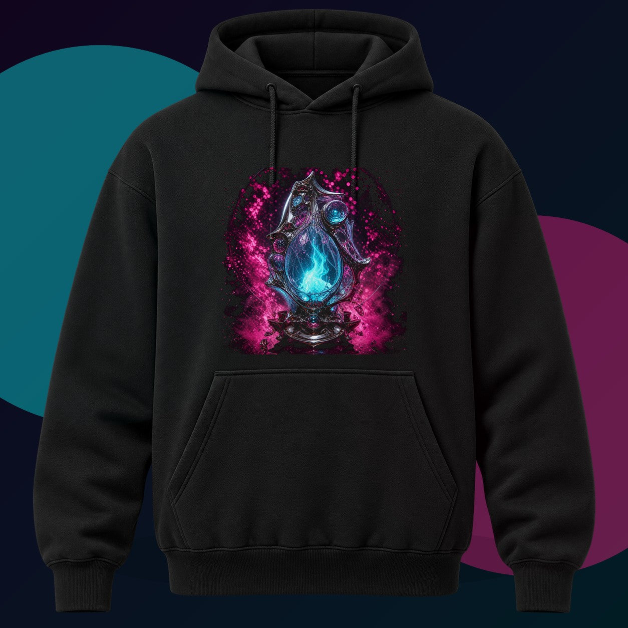 Flux Reliquary original KOSVYRE design on a black hoodie with cyan and violet studio lighting