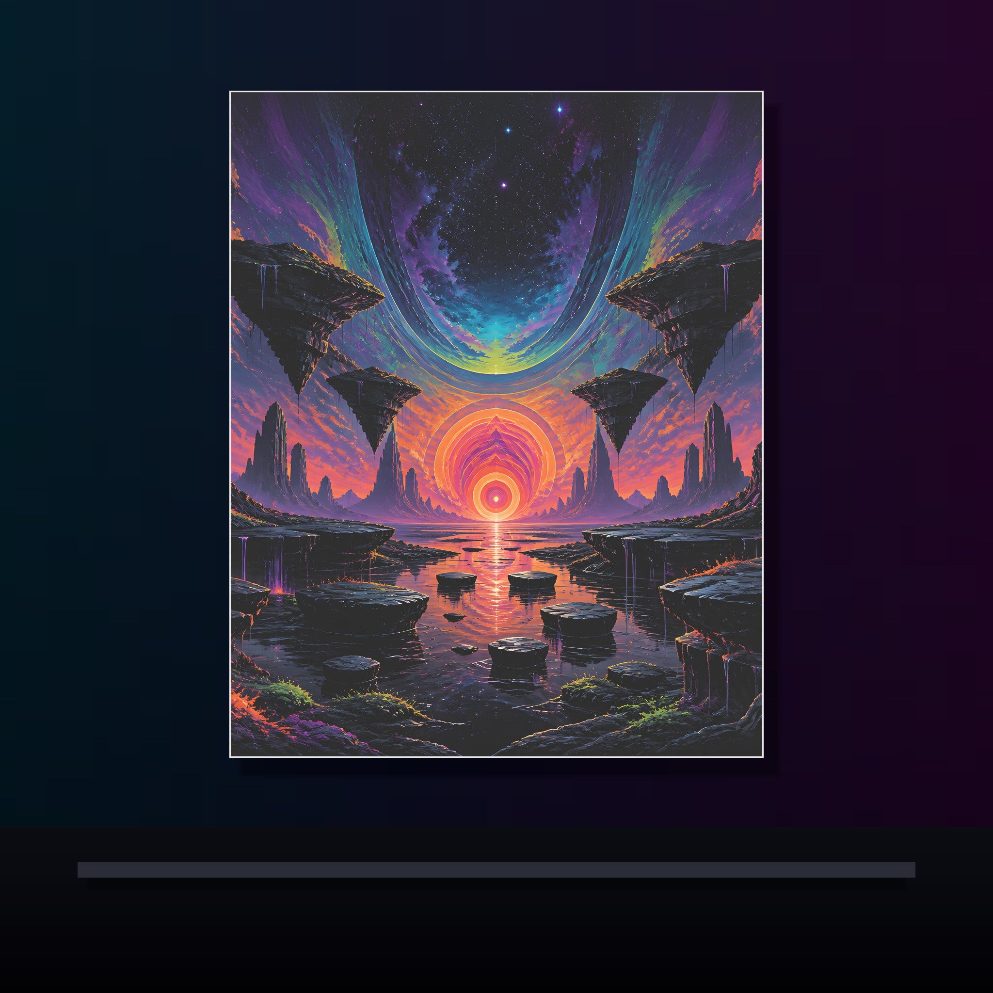Folded Horizon original KOSVYRE poster displayed in a dark psychedelic gallery setting