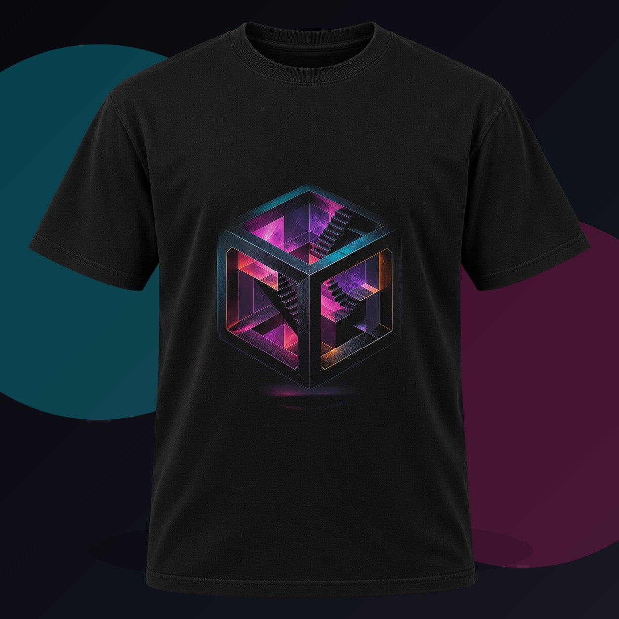 Fractal Chamber Bloom original KOSVYRE design on a black graphic tee against a graphite studio background