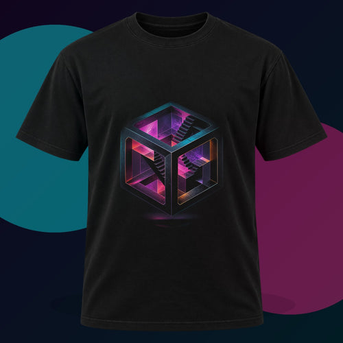 Fractal Chamber Bloom original KOSVYRE design on a black graphic tee with cyan and violet studio lighting