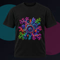 Fractal Coral Engine original KOSVYRE design on a black graphic tee against a graphite studio background