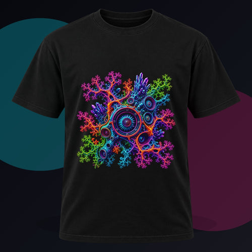 Fractal Coral Engine original KOSVYRE design on a black graphic tee against a graphite studio background