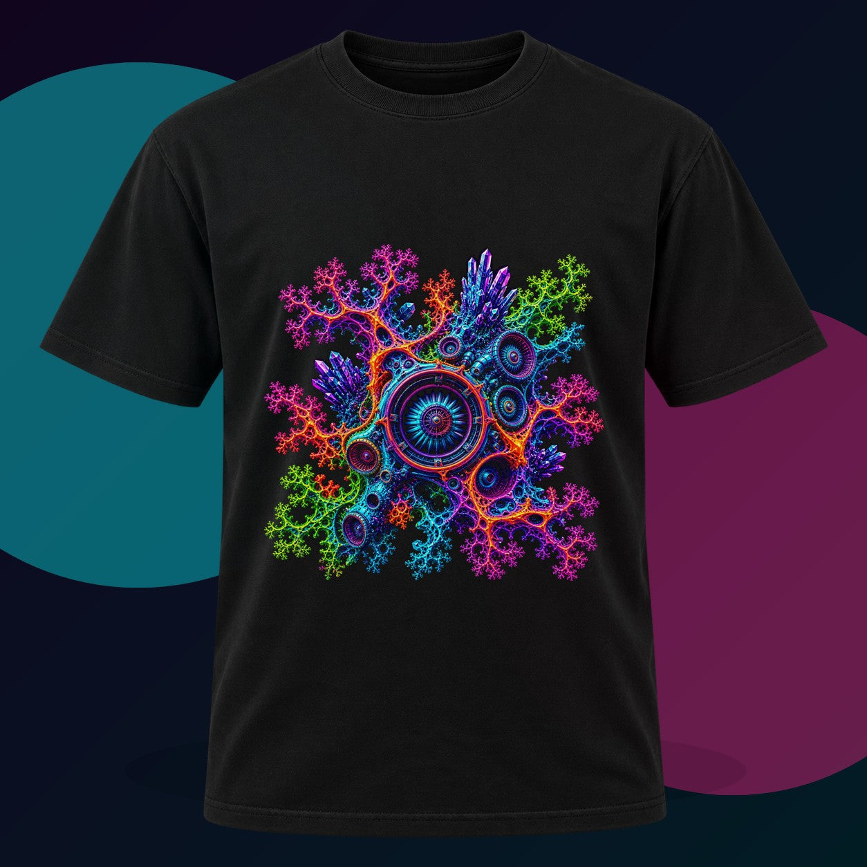Fractal Coral Engine original KOSVYRE design on a black graphic tee with cyan and violet studio lighting