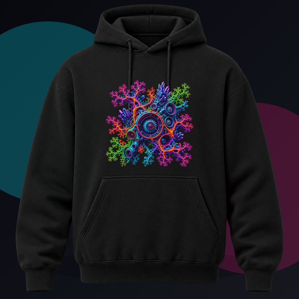 Fractal Coral Engine original KOSVYRE design on a black hoodie against a graphite studio background