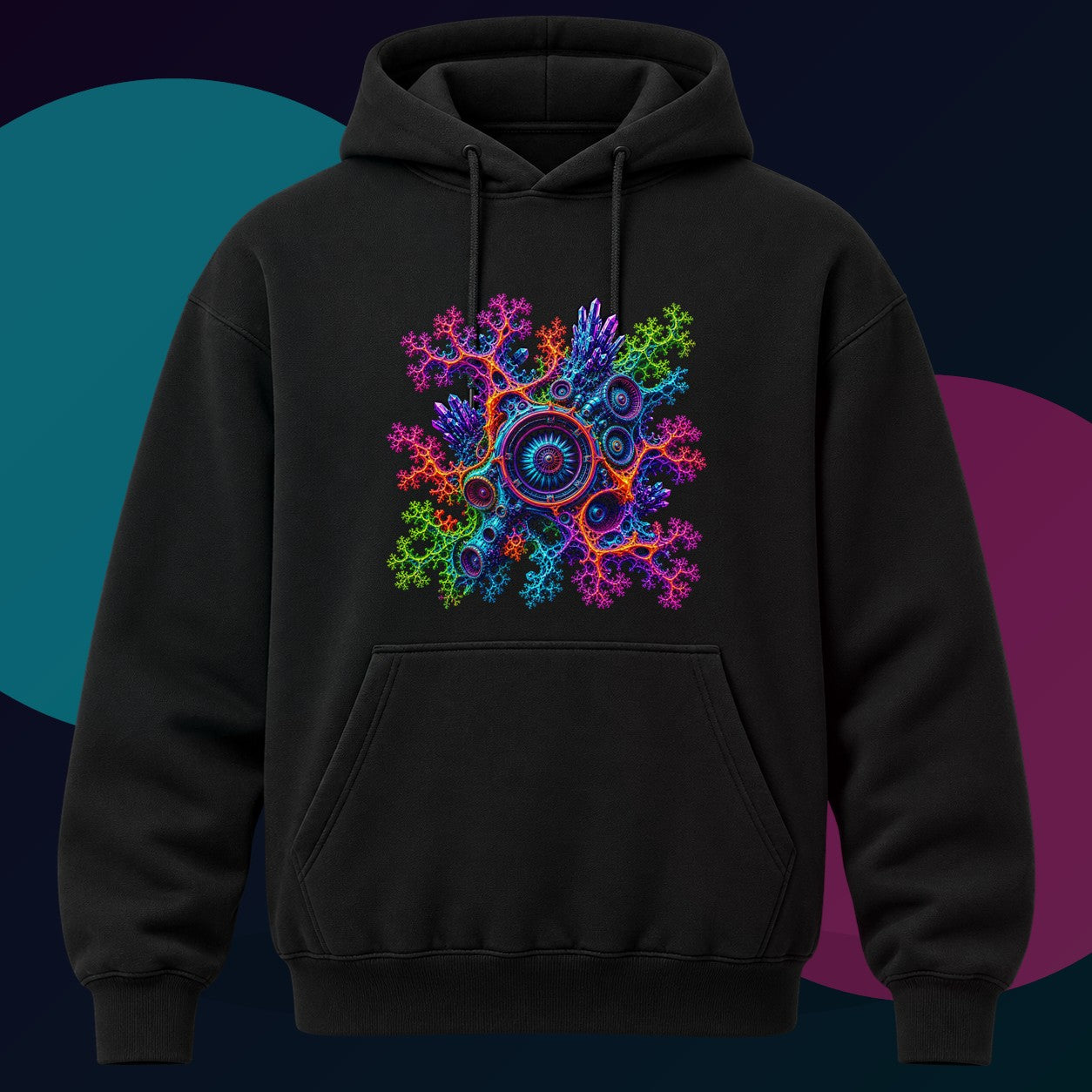 Fractal Coral Engine original KOSVYRE design on a black hoodie with cyan and violet studio lighting
