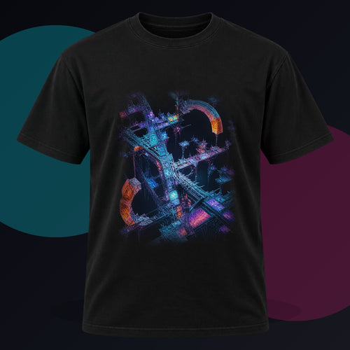 Fractal Halo Scaffold original KOSVYRE design on a black graphic tee against a graphite studio background