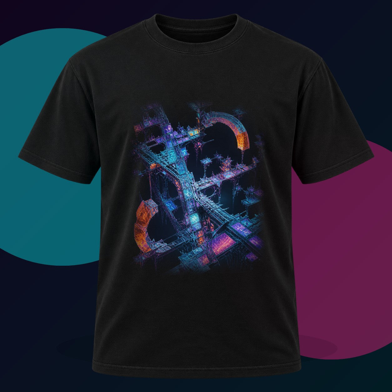 Fractal Halo Scaffold original KOSVYRE design on a black graphic tee with cyan and violet studio lighting