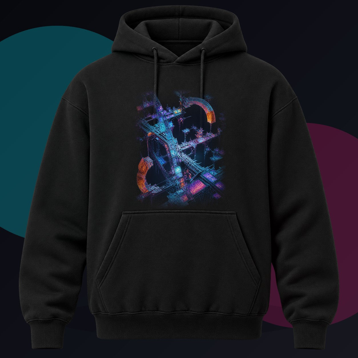 Fractal Halo Scaffold original KOSVYRE design on a black hoodie against a graphite studio background