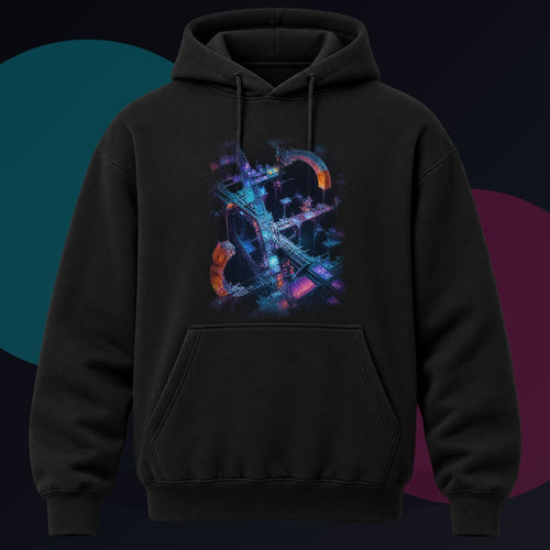 Fractal Halo Scaffold original KOSVYRE design on a black hoodie against a graphite studio background