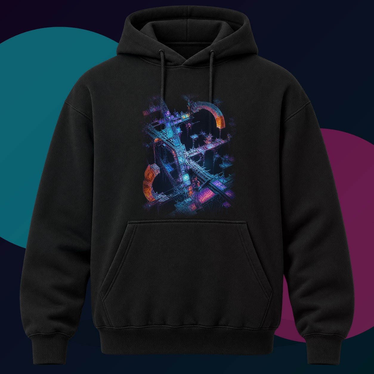 Fractal Halo Scaffold original KOSVYRE design on a black hoodie with cyan and violet studio lighting