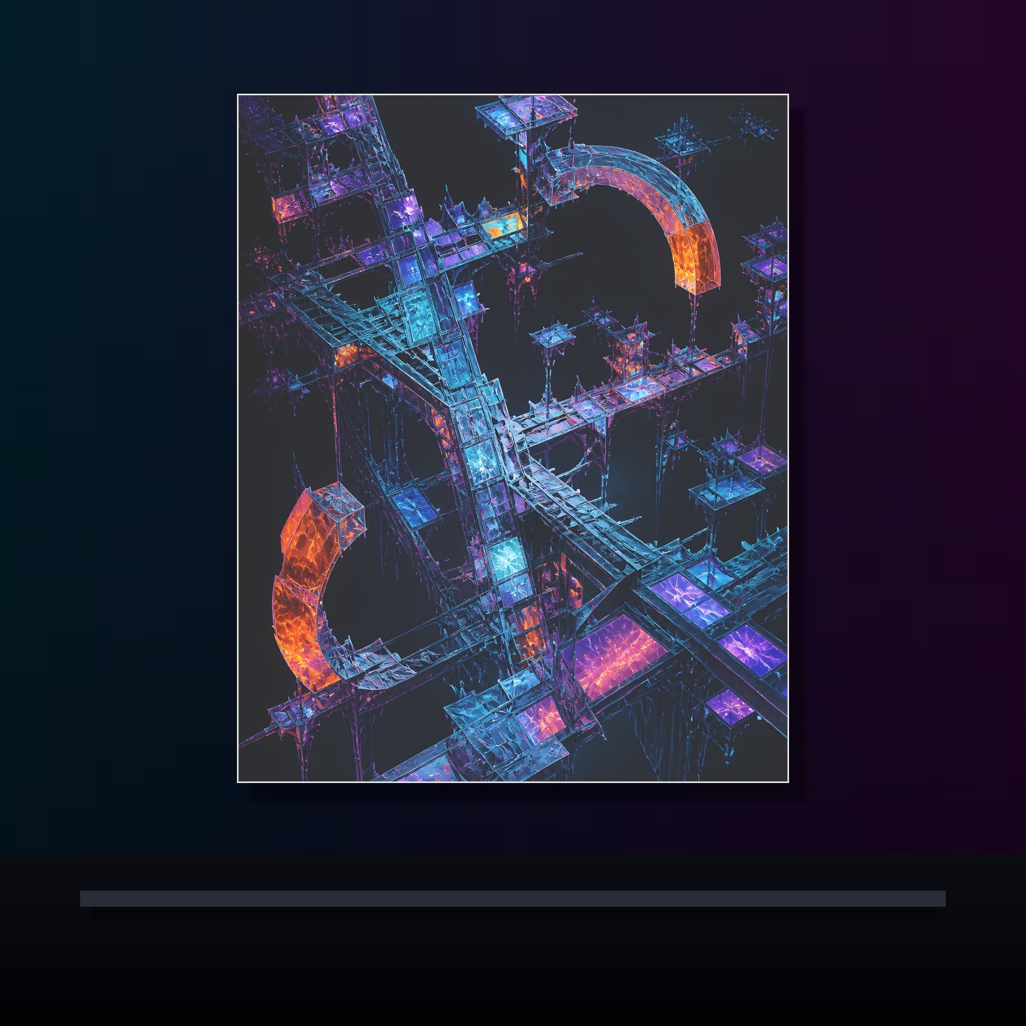 Fractal Halo Scaffold original KOSVYRE poster displayed in a dark psychedelic gallery setting