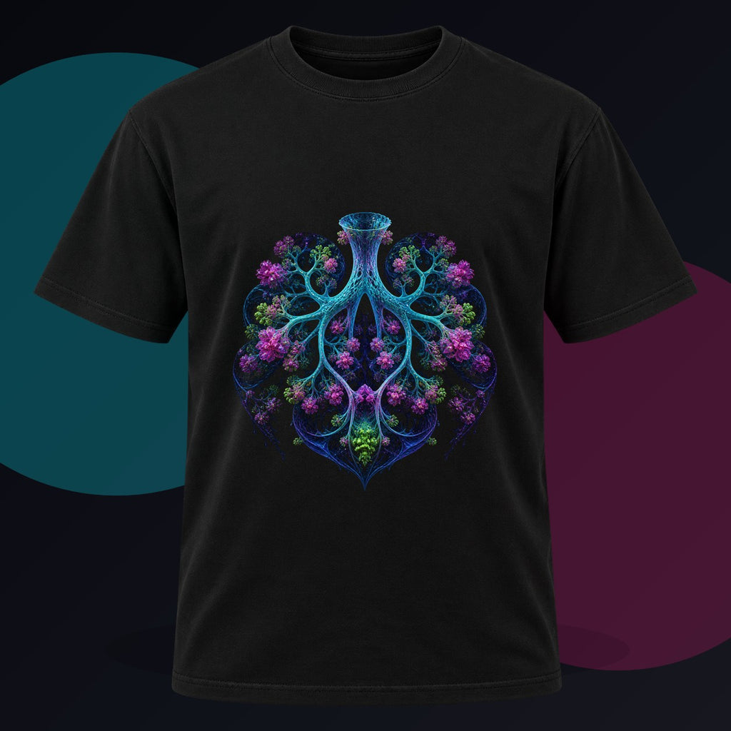Fractal Lung Garden original KOSVYRE design on a black graphic tee against a graphite studio background