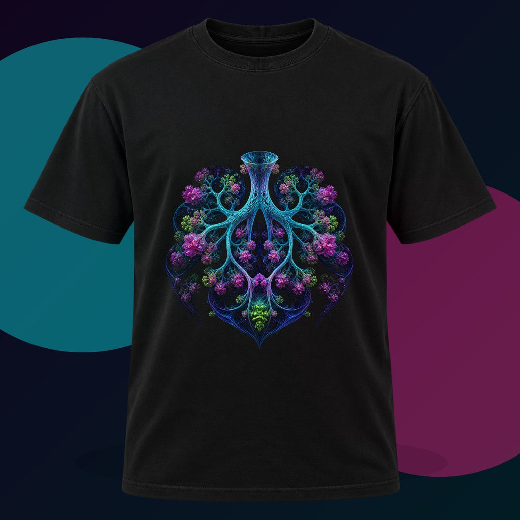 Fractal Lung Garden original KOSVYRE design on a black graphic tee with cyan and violet studio lighting