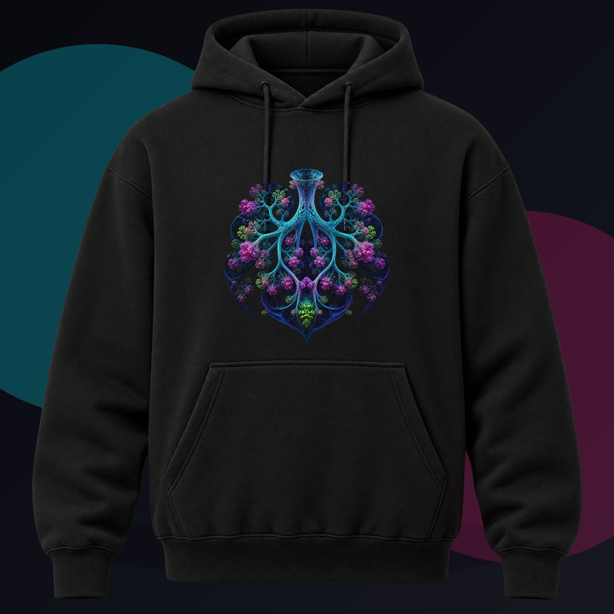 Fractal Lung Garden original KOSVYRE design on a black hoodie against a graphite studio background