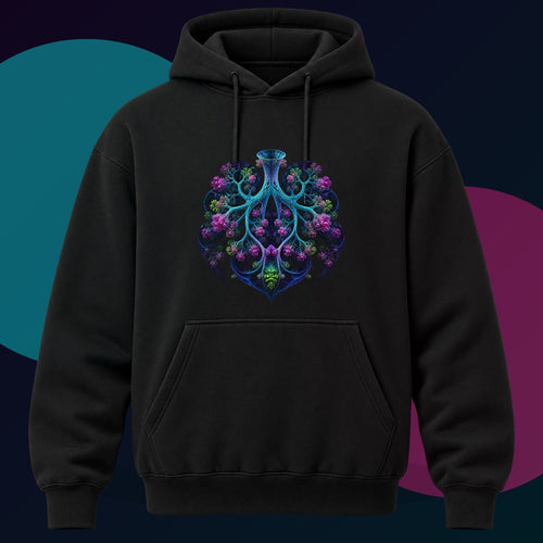 Fractal Lung Garden original KOSVYRE design on a black hoodie with cyan and violet studio lighting
