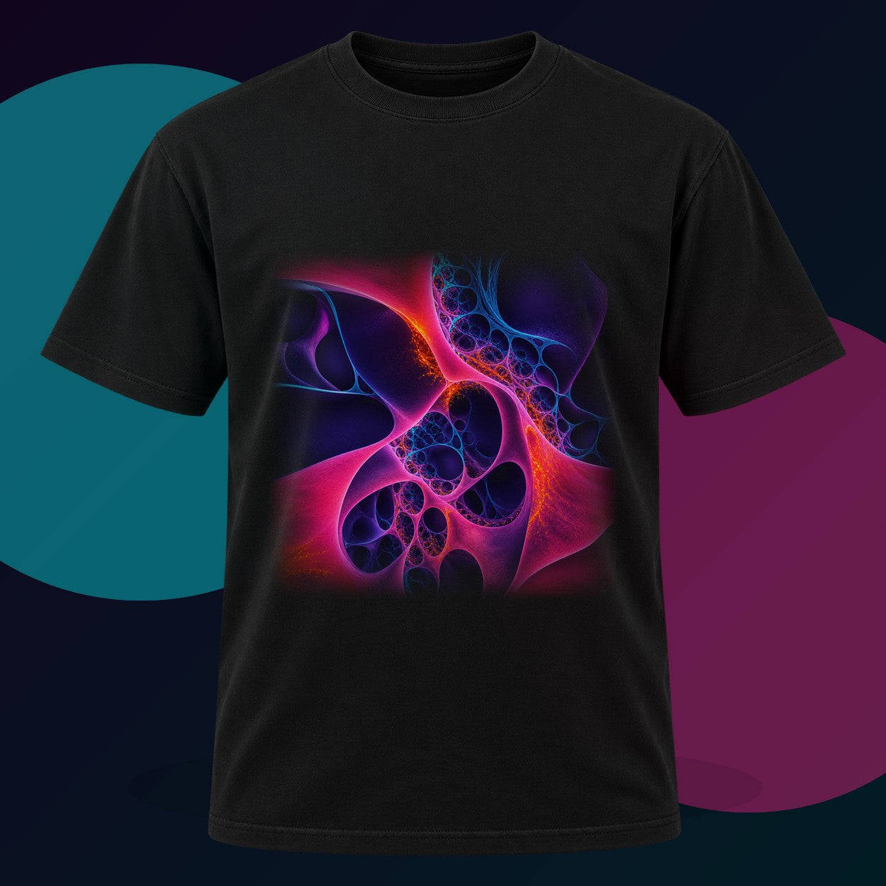 Fractal Velvet Relay original KOSVYRE design on a black graphic tee with cyan and violet studio lighting