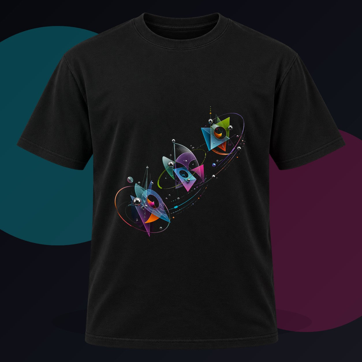 Geometric Migration original KOSVYRE design on a black graphic tee against a graphite studio background