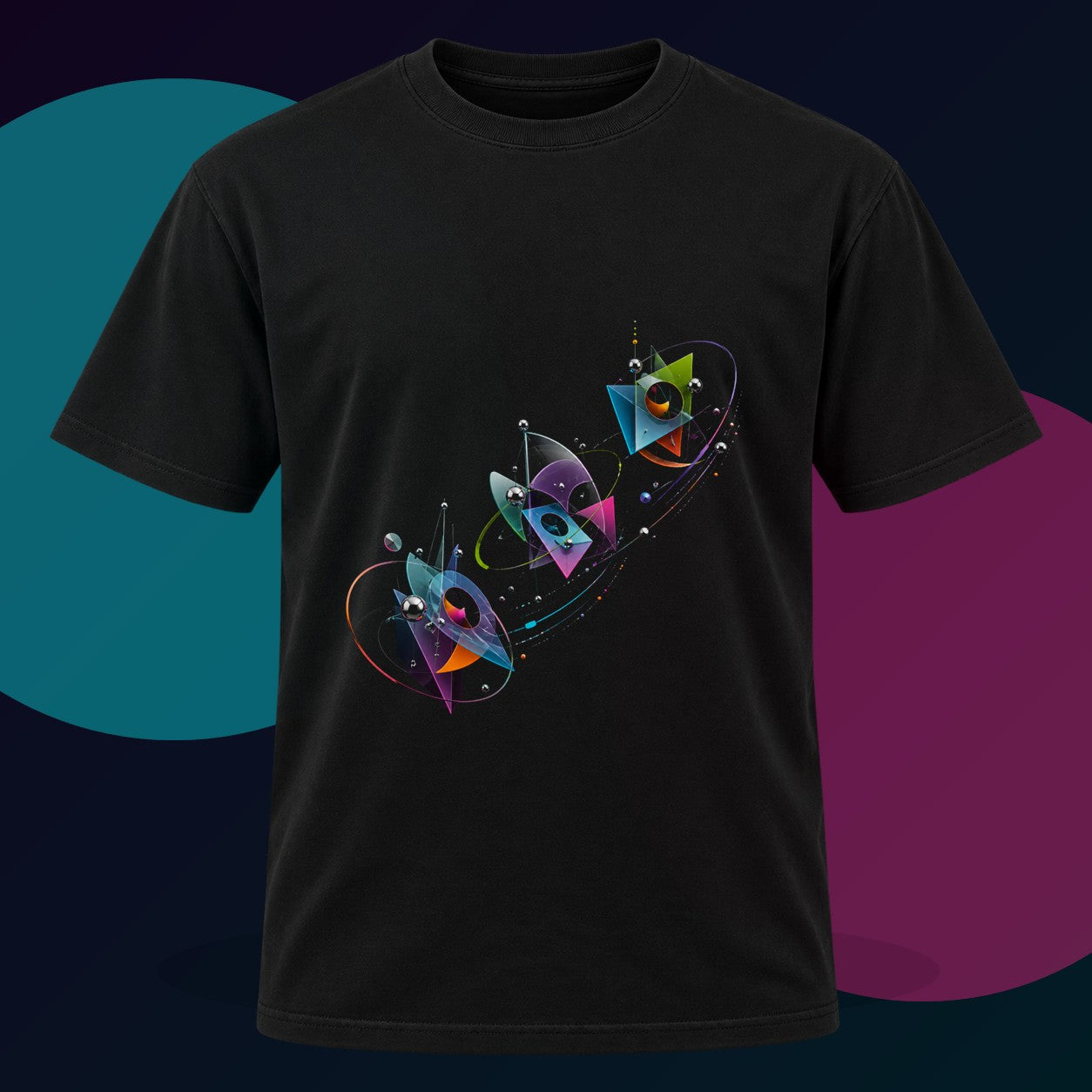Geometric Migration original KOSVYRE design on a black graphic tee with cyan and violet studio lighting