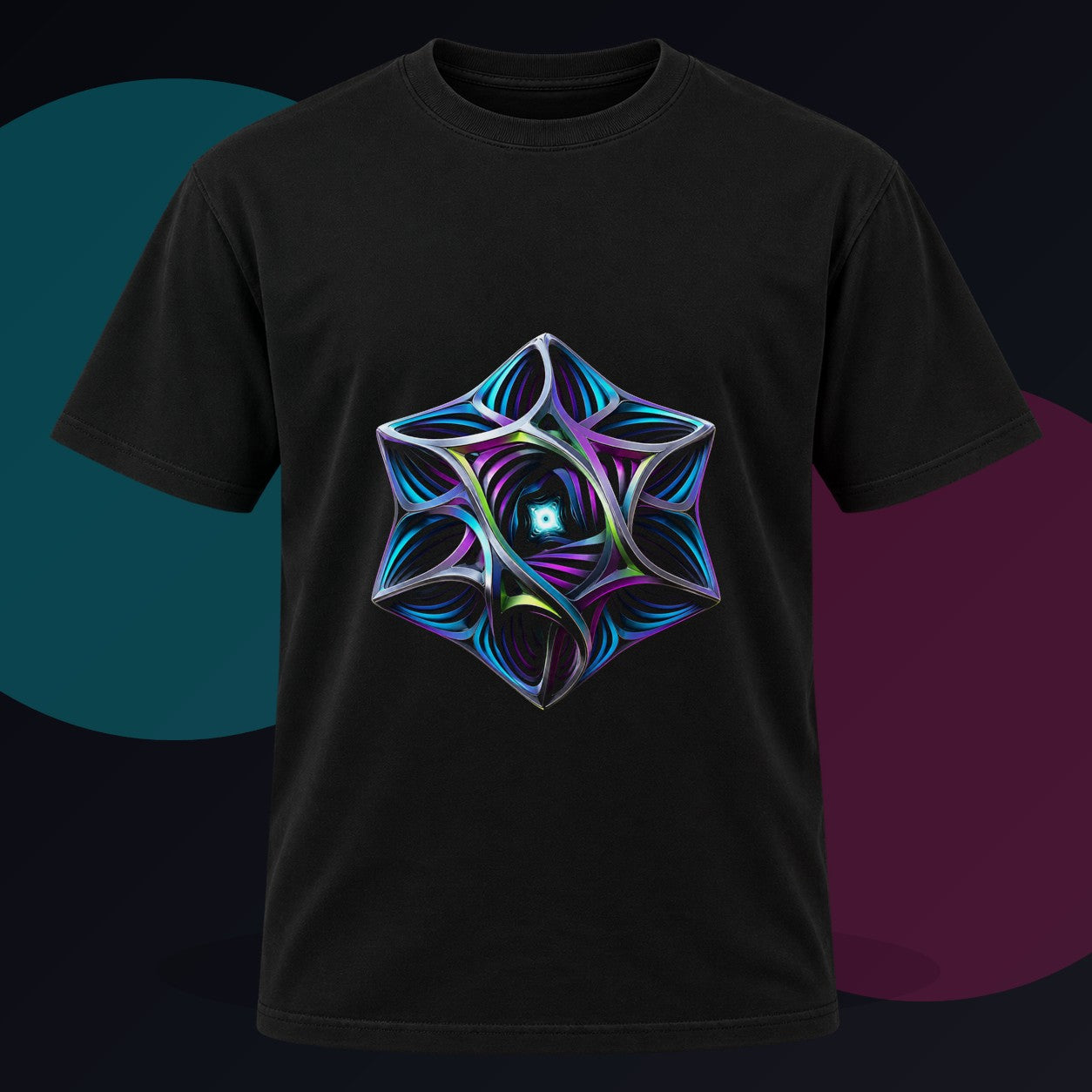 Geometry That Breathes original KOSVYRE design on a black graphic tee against a graphite studio background