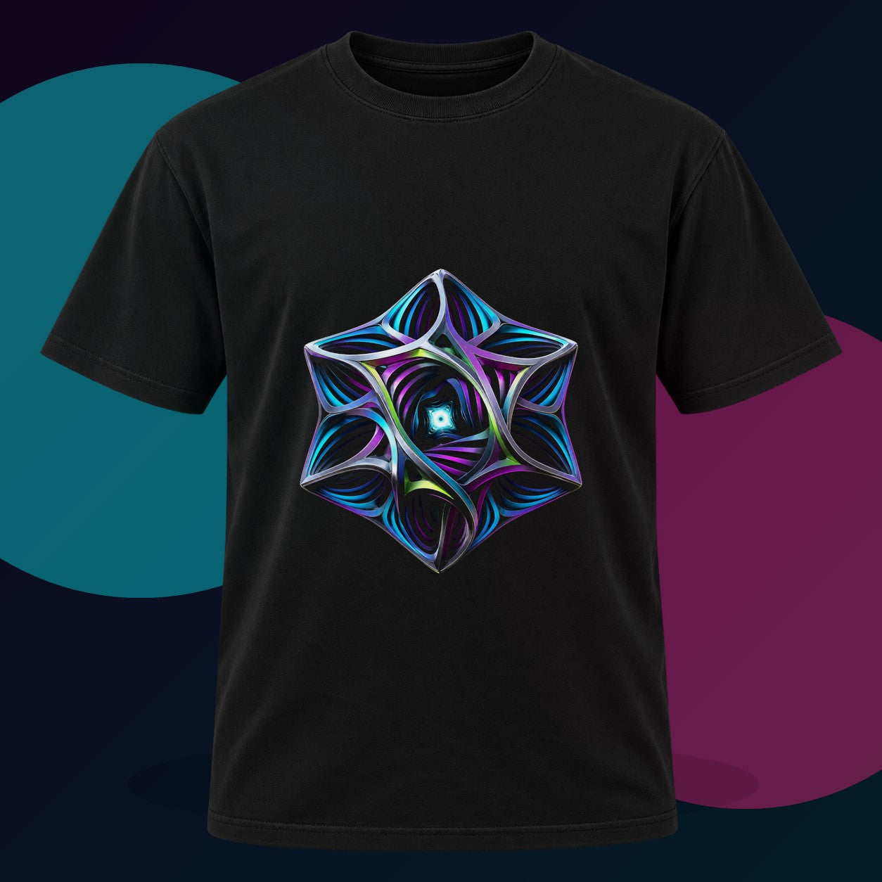 Geometry That Breathes original KOSVYRE design on a black graphic tee with cyan and violet studio lighting