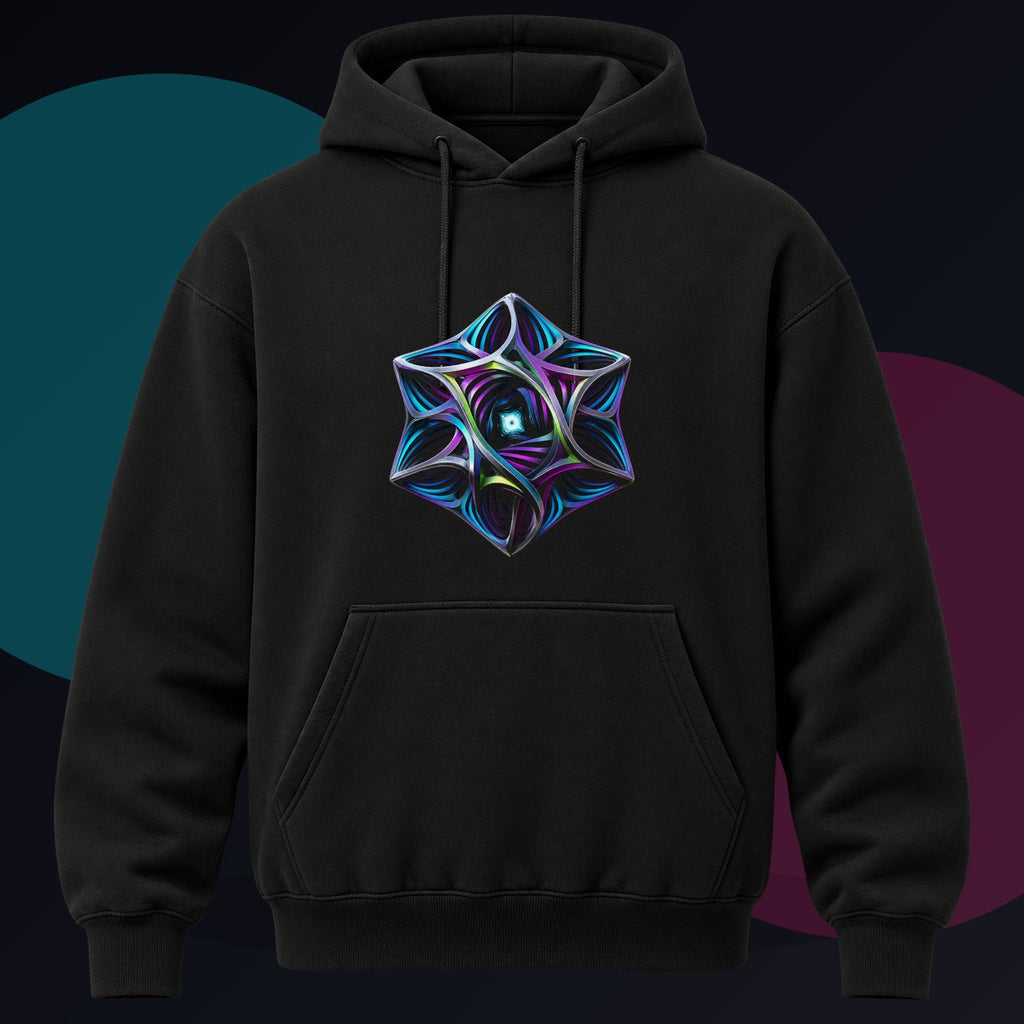 Geometry That Breathes original KOSVYRE design on a black hoodie against a graphite studio background