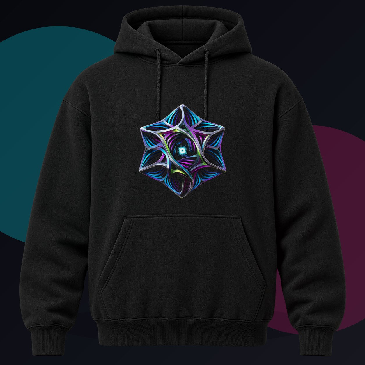 Geometry That Breathes original KOSVYRE design on a black hoodie against a graphite studio background