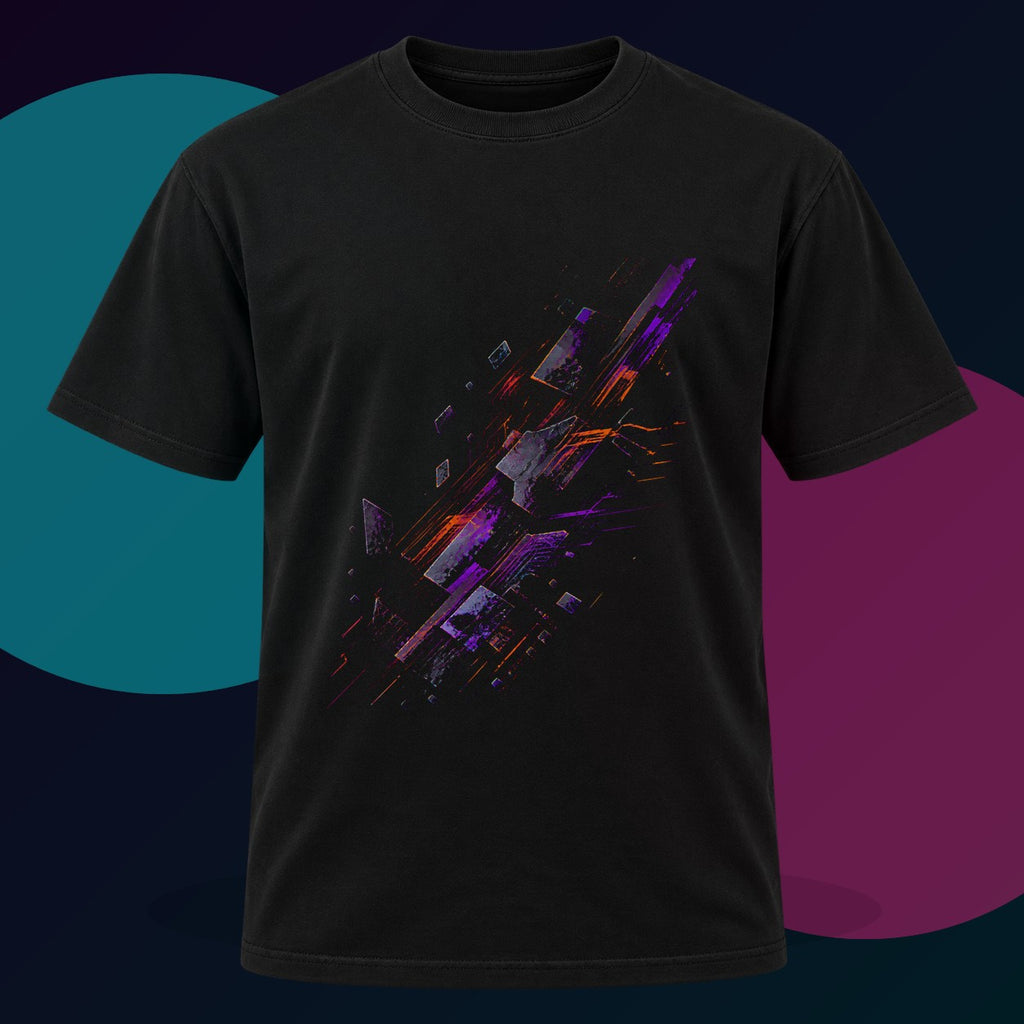 Ghost Circuit Parade original KOSVYRE design on a black graphic tee with cyan and violet studio lighting