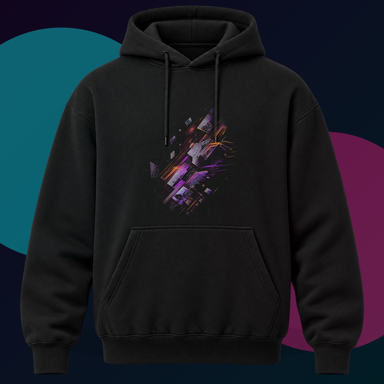 Ghost Circuit Parade original KOSVYRE design on a black hoodie with cyan and violet studio lighting