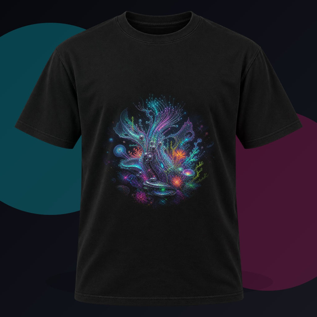 Ghost Circuit Reef original KOSVYRE design on a black graphic tee against a graphite studio background