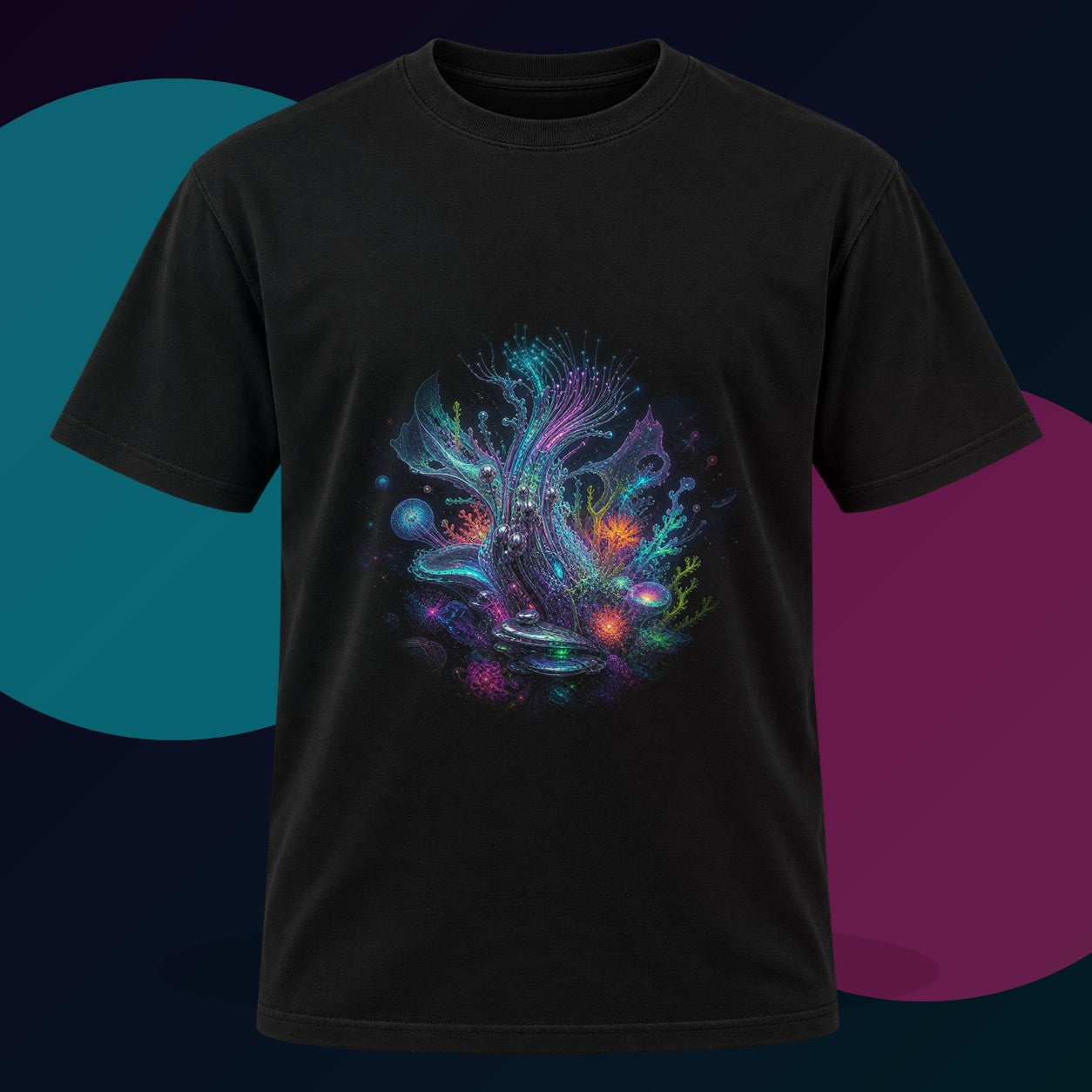 Ghost Circuit Reef original KOSVYRE design on a black graphic tee with cyan and violet studio lighting
