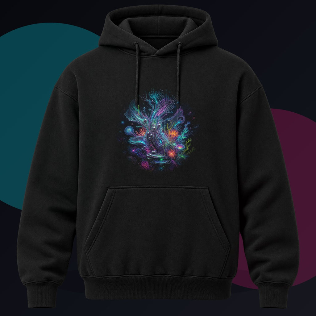 Ghost Circuit Reef original KOSVYRE design on a black hoodie against a graphite studio background