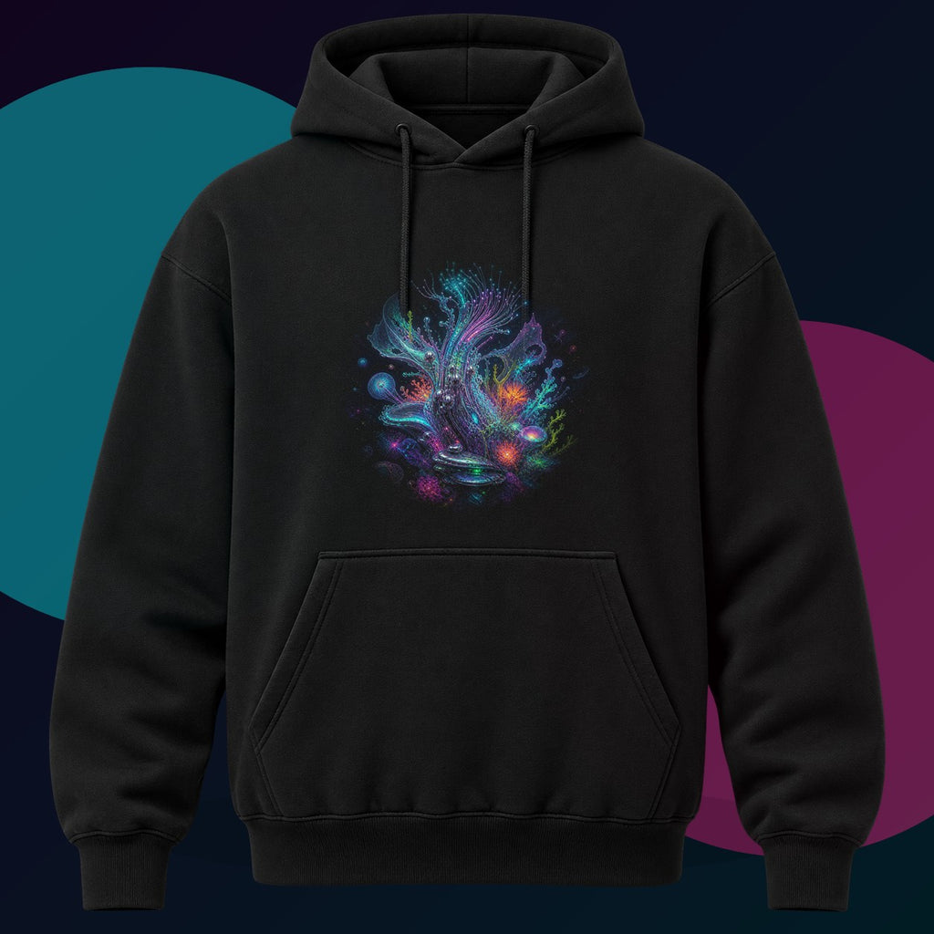 Ghost Circuit Reef original KOSVYRE design on a black hoodie with cyan and violet studio lighting