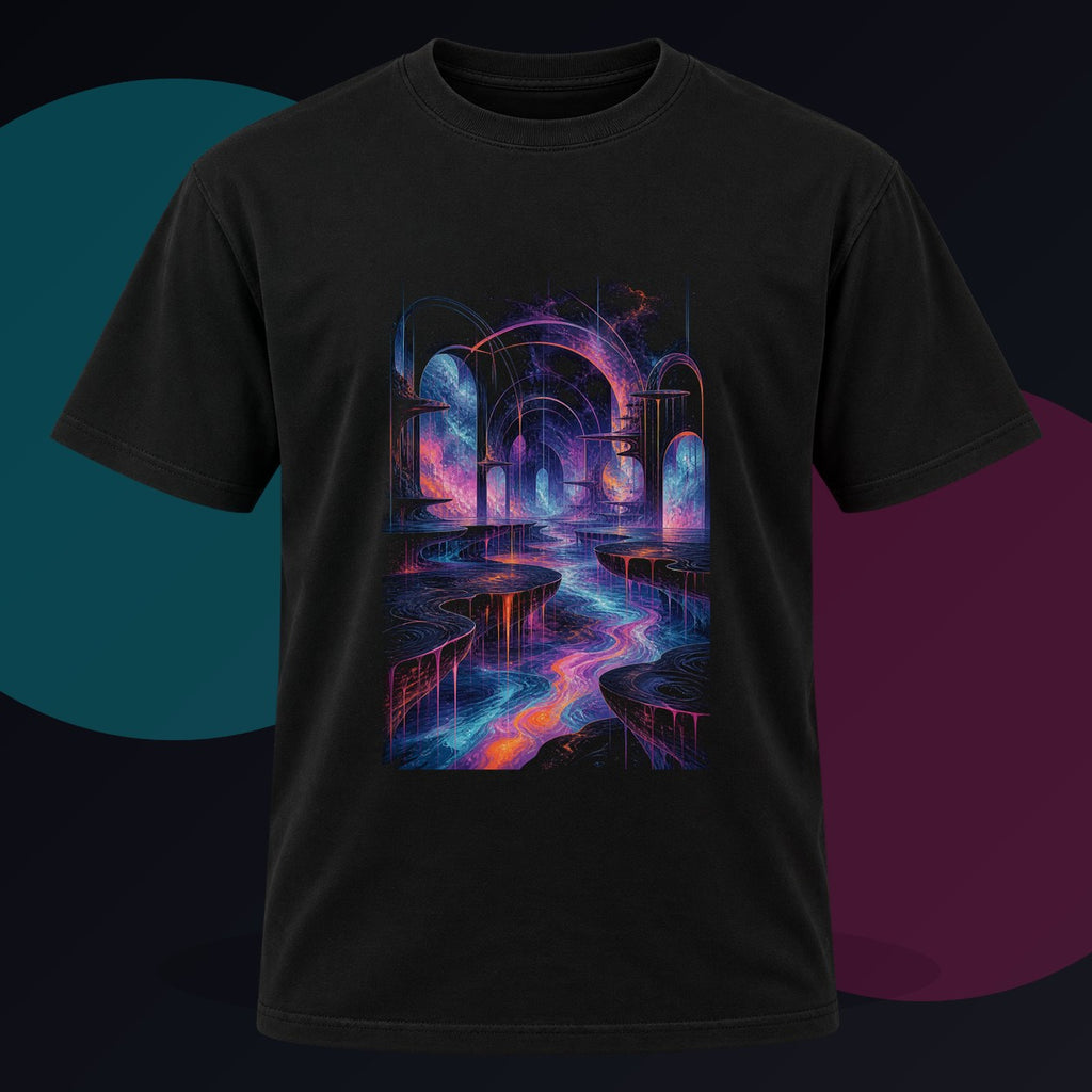 Ghost Relay Basin original KOSVYRE design on a black graphic tee against a graphite studio background