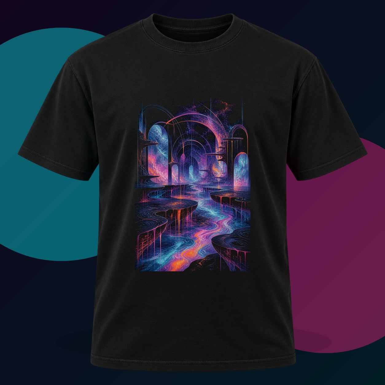 Ghost Relay Basin original KOSVYRE design on a black graphic tee with cyan and violet studio lighting