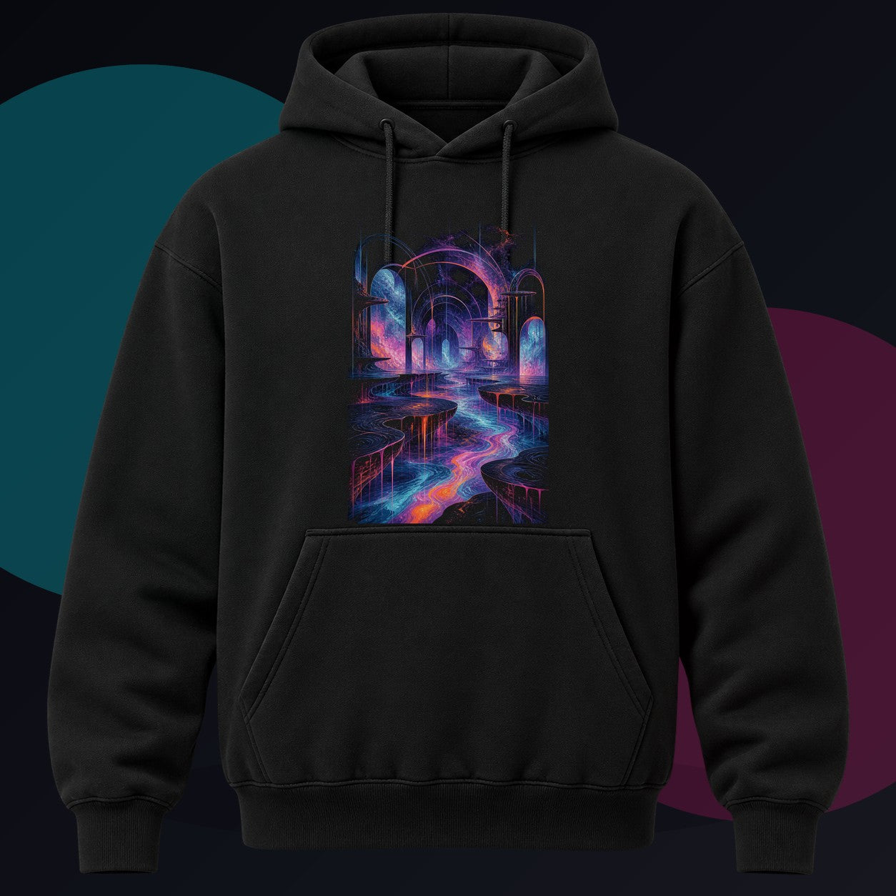 Ghost Relay Basin original KOSVYRE design on a black hoodie against a graphite studio background