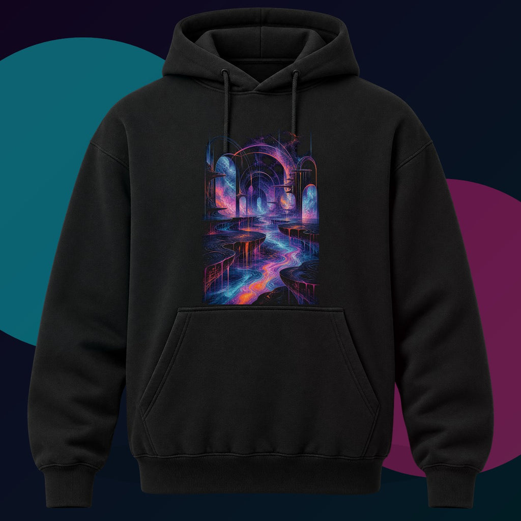 Ghost Relay Basin original KOSVYRE design on a black hoodie with cyan and violet studio lighting