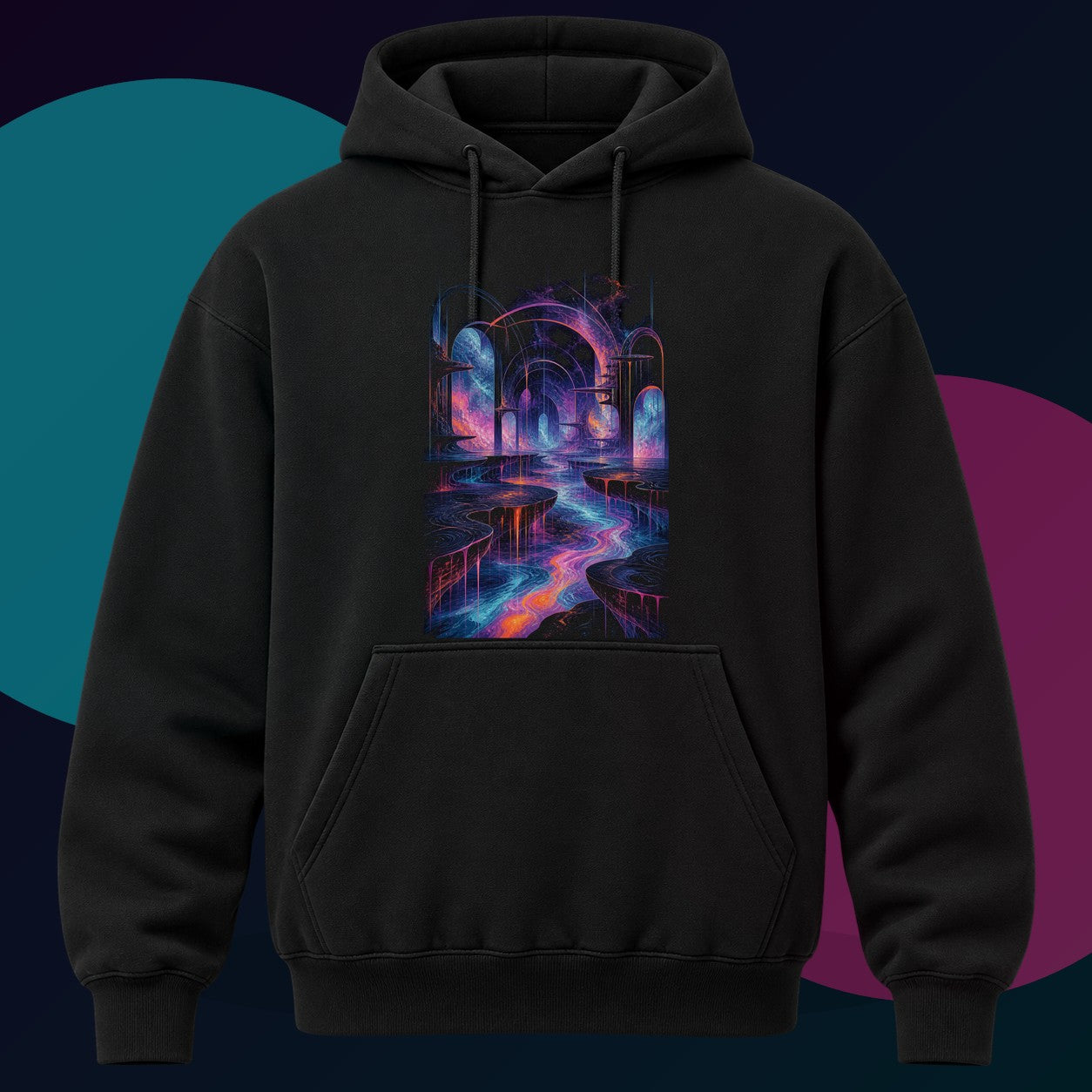 Ghost Relay Basin original KOSVYRE design on a black hoodie with cyan and violet studio lighting