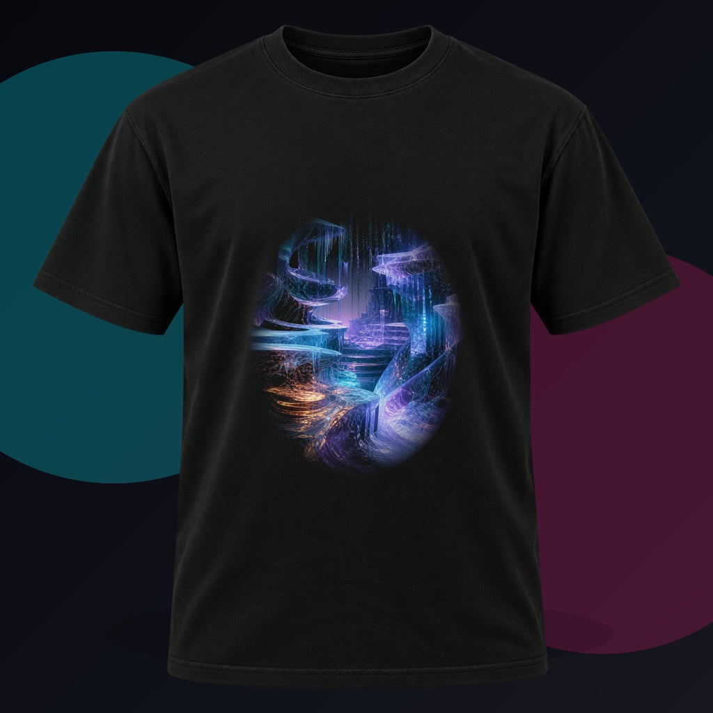 Glacier of Unfinished Signals original KOSVYRE design on a black graphic tee against a graphite studio background
