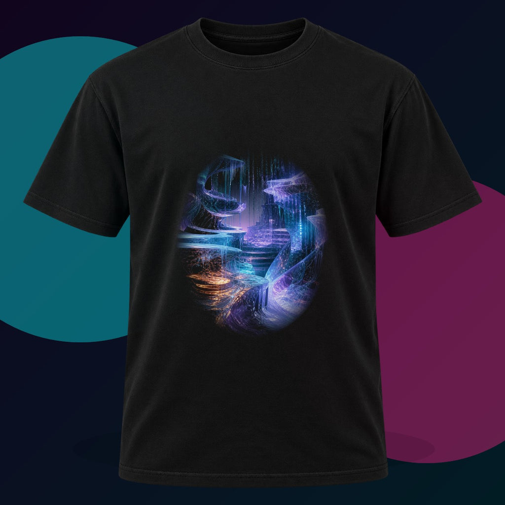 Glacier of Unfinished Signals original KOSVYRE design on a black graphic tee with cyan and violet studio lighting