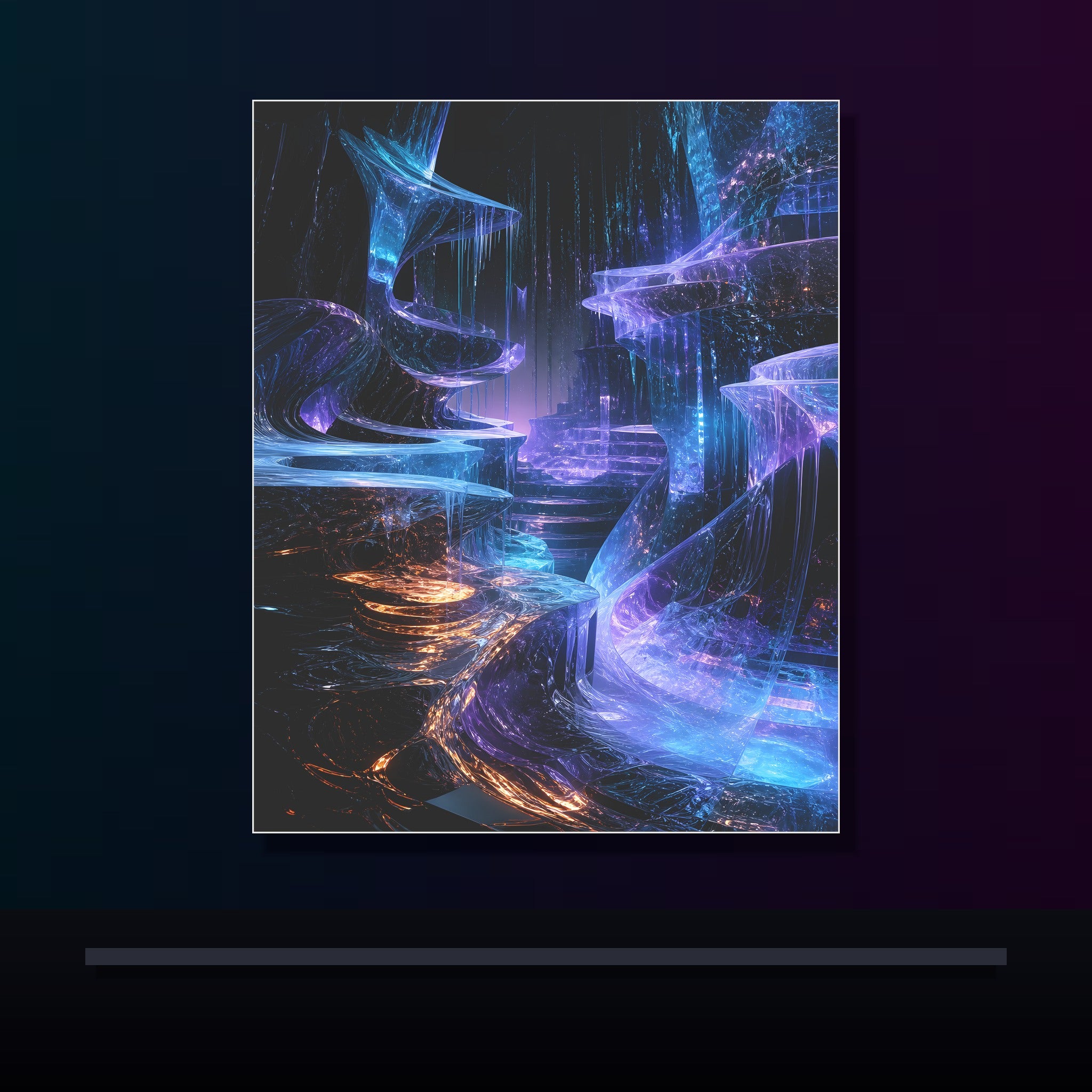 Glacier of Unfinished Signals original KOSVYRE poster displayed in a dark psychedelic gallery setting