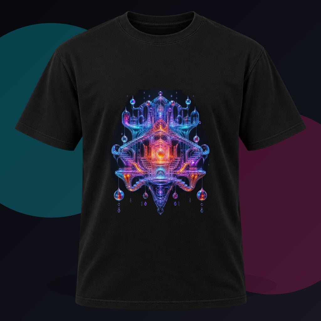 Glass Current Reliquary original KOSVYRE design on a black graphic tee against a graphite studio background