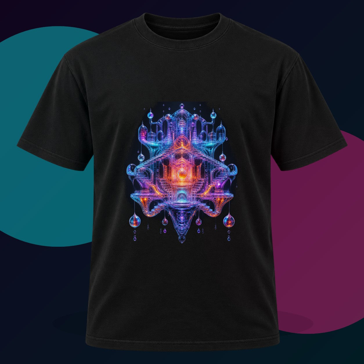 Glass Current Reliquary original KOSVYRE design on a black graphic tee with cyan and violet studio lighting