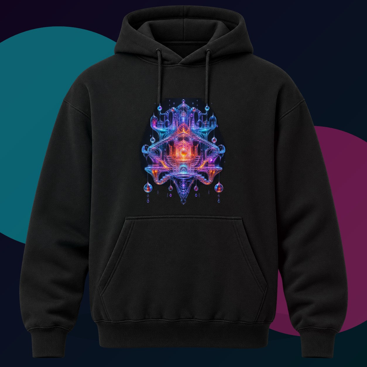 Glass Current Reliquary original KOSVYRE design on a black hoodie with cyan and violet studio lighting