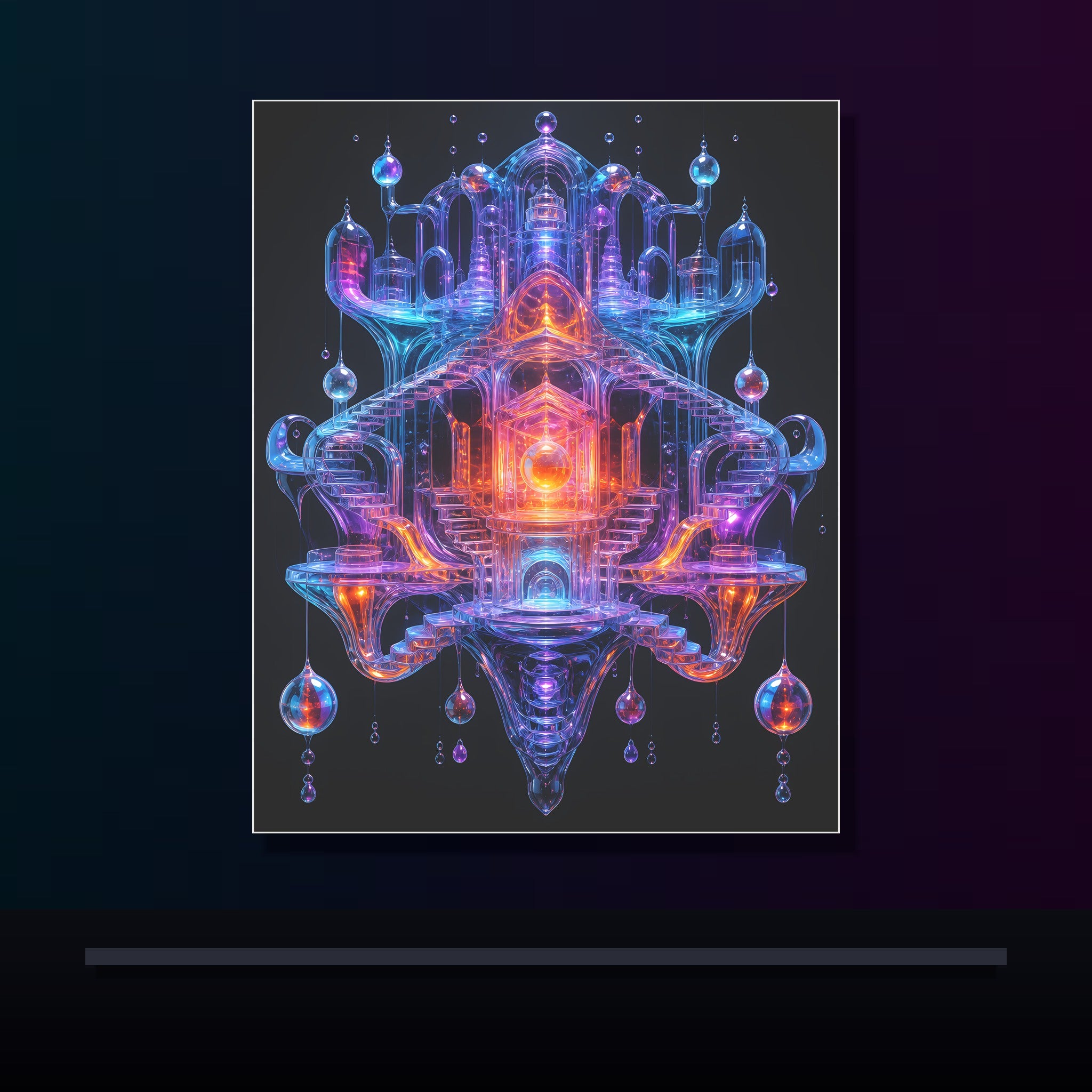 Glass Current Reliquary original KOSVYRE poster displayed in a dark psychedelic gallery setting